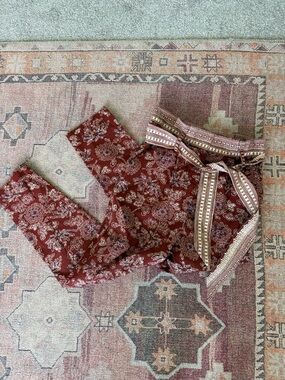 Veronica Beard Floral Paperbag Waist Pants in Rust Red